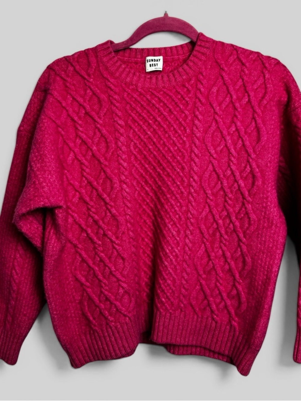 Sunday Best preppy chunky cable knit grannycore hot pink sweater merino wool